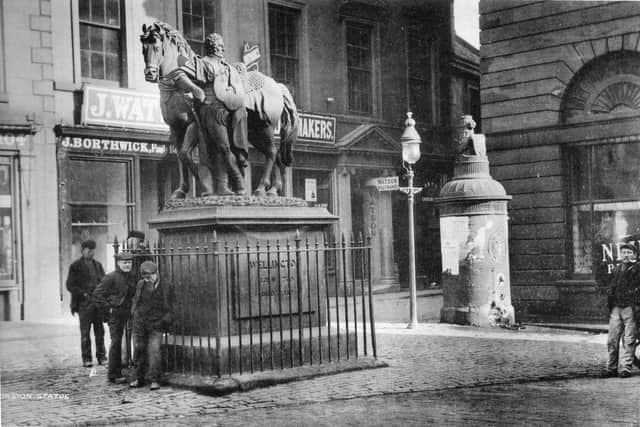 The Wellington Statue in the High Street before it was moved to Newmarket Street in 1905.
