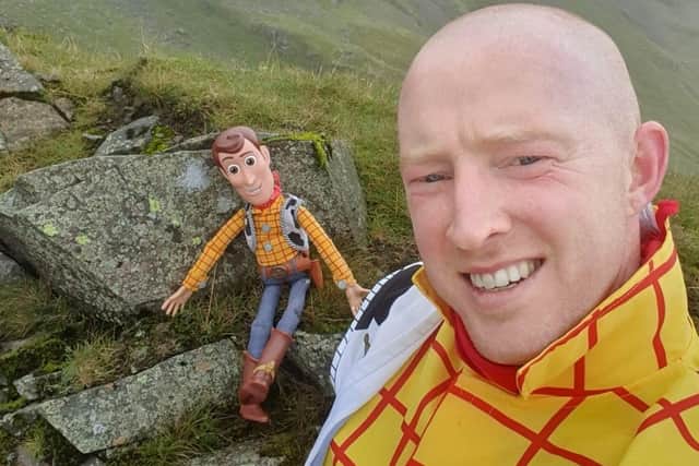 Chris Bates and Woody on a gruelling 240hour fundraising walk for Scottish Fire & Rescue Service colleague Andi Galloway and his three-year-old son, Archie who has leukaemia.