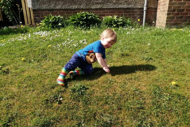 Toddler Harry Gray rolled down his garden 150 times for Strathcarron.