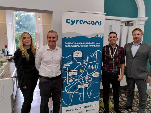 Cyrenians director of commercial services Linda Kelly, Arnotdale House's Jonny Reid, Falkirk West MSP Michael Matheson and Social Enterprise Scotland chief executive Chris Martin gather in the new look Arnotdale House