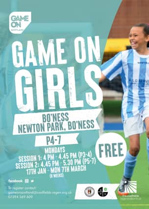 The Game On flyer for the girls programme in Bo'ness.