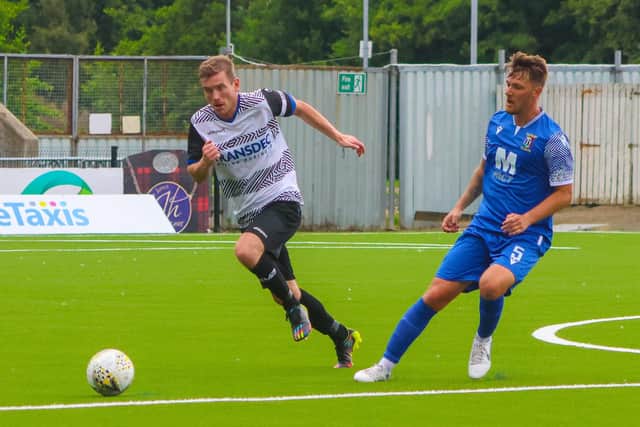 East Stirlingshire ace Gregor Fotheringham in action against Tranent Juniors on Saturday, with both sides meeting on the opening day of the Lowland League (Pictures: Scott Louden)