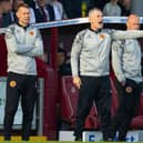 Stenhousemuir boss Gary Naysmith points on the touchline alongside his coaching team Myles Hogarth and Brown Ferguson during the 4-0 defeat (Photo by Ross Parker / SNS Group)