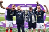 John McGlynn (2nd right) has injury concerns over Coll Donaldson (1st left), with the pair pictured celebrating title win with Paul Smith and Stephen McGinn (Pic Michael Gillen)