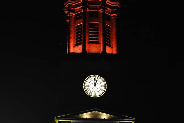 Falkirk Steeple clock strikes midnight as mainland Scotland goes into lockdown (Pic: Michael Gillen)