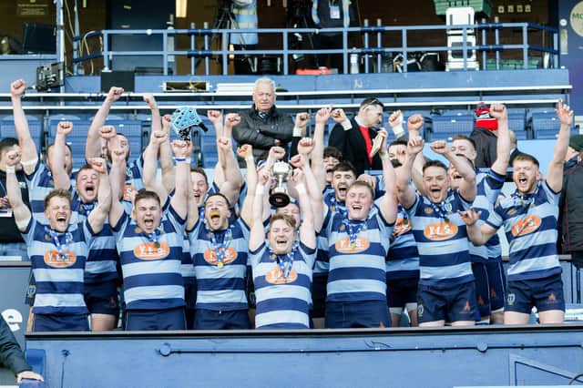 EDINBURGH, SCOTLAND - APRIL 27: Falkirk players with the trophy after the Silver Saturday men's national league cup final between Falkirk RFC and Lasswade RFC at Scottish Gas Murrayfield, on April 27, 2024, in Edinburgh, Scotland.  (Photo by Paul Devlin / SNS Group)