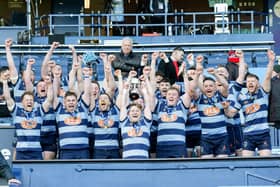 EDINBURGH, SCOTLAND - APRIL 27: Falkirk players with the trophy after the Silver Saturday men's national league cup final between Falkirk RFC and Lasswade RFC at Scottish Gas Murrayfield, on April 27, 2024, in Edinburgh, Scotland.  (Photo by Paul Devlin / SNS Group)