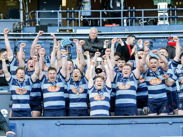 EDINBURGH, SCOTLAND - APRIL 27: Falkirk players with the trophy after the Silver Saturday men's national league cup final between Falkirk RFC and Lasswade RFC at Scottish Gas Murrayfield, on April 27, 2024, in Edinburgh, Scotland.  (Photo by Paul Devlin / SNS Group)