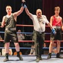 Bonnybridge youngster Caden Armstrong having his arm lifted as the winner of the 80kg bout at Galashiels’ home show after he put in strong showing to win on points (Photo: Submitted)