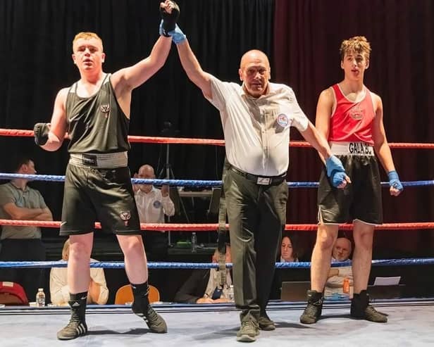Bonnybridge youngster Caden Armstrong having his arm lifted as the winner of the 80kg bout at Galashiels’ home show after he put in strong showing to win on points (Photo: Submitted)