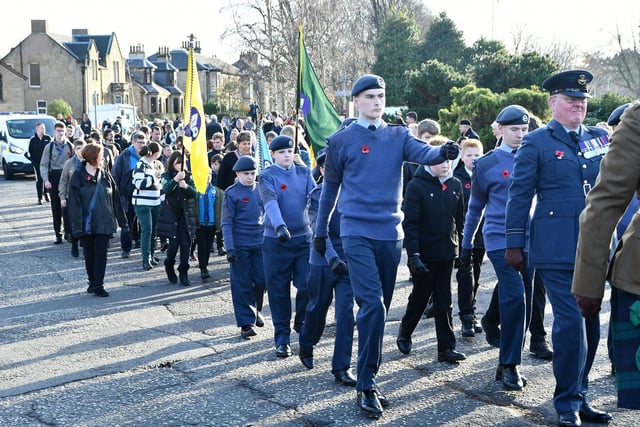 Cadets march to the war memorial during Grangemouth Remembrance Day 2022
