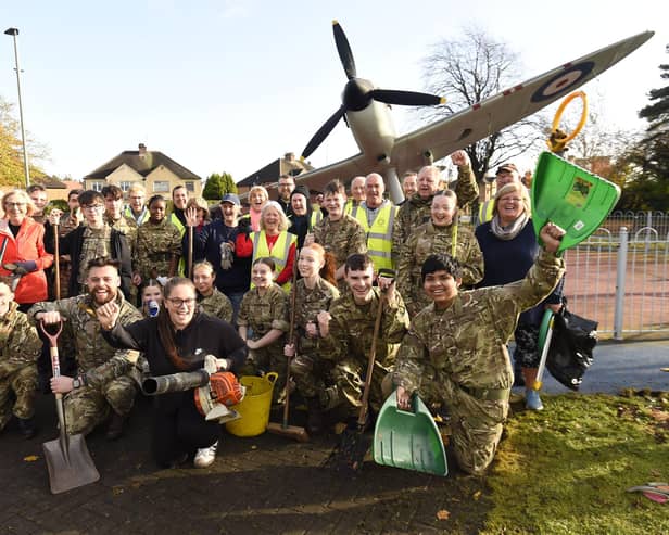 Air Cadets and staff of 1333 (Grangemouth Spitfire) Squadron join members from gLitter team and other volunteers to clean up the area around the famous Grangemouth Spitfire memorial