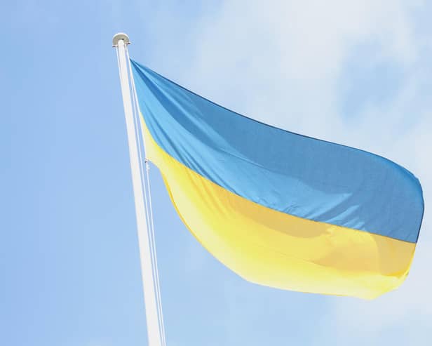 The Ukrainian flag is flown above 10 Downing Street in London, following the Russian invasion of Ukraine. PA.