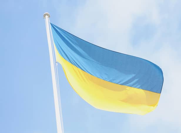 The Ukrainian flag is flown above 10 Downing Street in London, following the Russian invasion of Ukraine. PA.