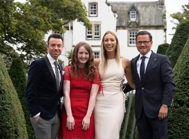 Denny woman Emma-May Millar (middle left) with Lunch with an Old Bag host Des Clarke, presenter Amy Irons and auctioneer Alex Fleming. Picture: David Cheskin.