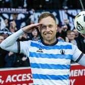 FALKIRK, SCOTLAND - FEBRUARY 08: Falkirk's Scott Arfield with the match ball at full time after scoring a hat trick during a William Hill Championship match between Falkirk and Partick Thistle at The Falkirk Stadium, on February 08, 2025, in Falkirk, Scotland. (Photo by Paul Byars / SNS Group)