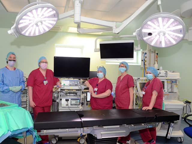 The orthopaedic team at Forth Valley Royal Hospital has successfully managed to maintain hip and knee operations during the Covid-19 pandemic. Pictured: Andrew Pearsall, theatre team leader; Jane Paterson, team leader; Morna Bechelli, theatre team lead; Marion McGlynn, theatre practitioner; and Deborah Winters, clinical support worker. Picture: Michael Gillen.