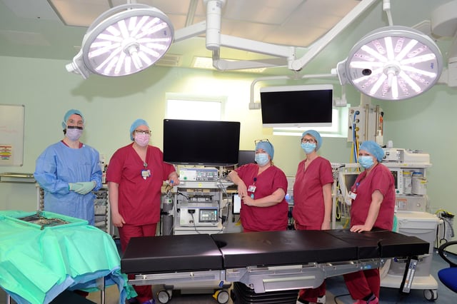 The orthopaedic team at Forth Valley Royal Hospital has successfully managed to maintain hip and knee operations during the Covid-19 pandemic. Pictured: Andrew Pearsall, theatre team leader; Jane Paterson, team leader; Morna Bechelli, theatre team lead; Marion McGlynn, theatre practitioner; and Deborah Winters, clinical support worker. Picture: Michael Gillen.