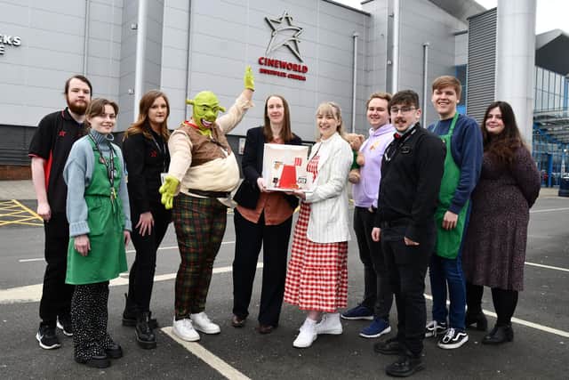 Cineworld and Starbucks staff mark the cinema's 21st birthday with special guest Shrek