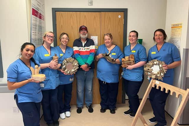 Campbell McDonald  with staff nurses who received his hand crafted gifts, from left: Allyssa Fernandez, Jacqueline Laird, Amber Mathieson, Margaret Pollock, Rikki Harper and Claire Sutherland. Pic: Contributed