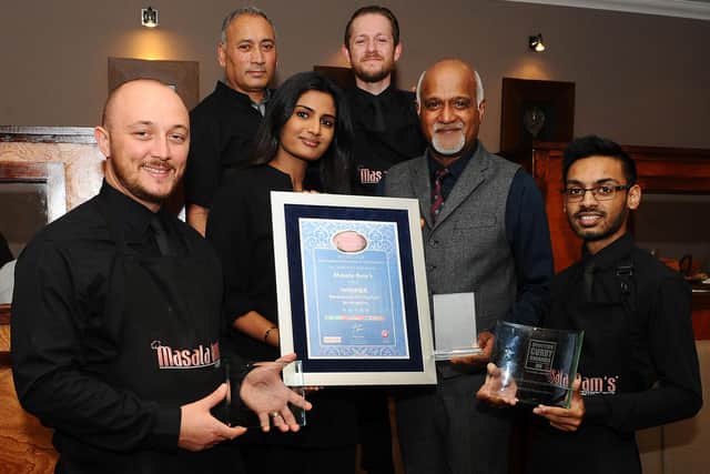 Masala Ram's in Bainsford won Restaurant of the Year for Stirlingshire at the 2019 Asian Restaurant Awards. Pictured: Robert Todd, mixologist; Satnam Singh, head chef; Sonia Salhotra, manager; Alistair Ross, head waiter; Ram Salhotra, owner; and Yash Navindgi, service waiter. Picture: Michael Gillen.