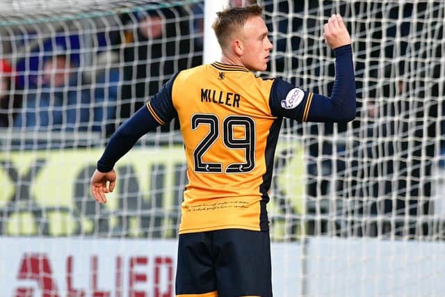 Calvin Miller celebrating scoring during Falkirk's 3-0 win at home to Formartine United in the Scottish Cup's third round on Saturday (Photo: Michael Gillen)