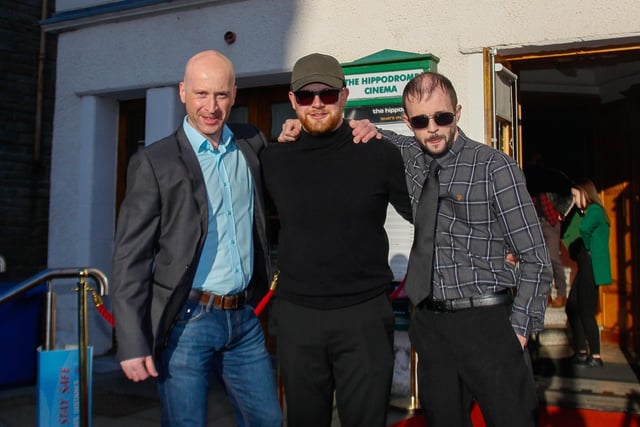 Actor Paul Lapsley with writers/directors Gary Wales and David Penman outside the Hippodrome.