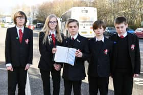 S1 pupils at Braes High have launched a petition to save the school buses, pictured, left to right: Max Murray, Lucy Sneddon, Fraser Mcilvar,  Rory Taylor and Sidney Handy. Pic: Michael Gillen