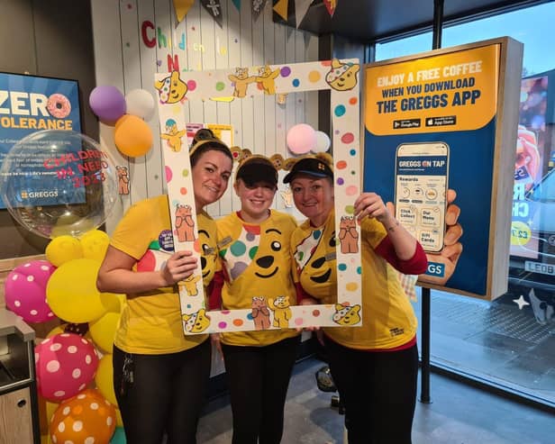 Staff at the Bonnybridge branch of Greggs pulled out all the stops for Children in Need to raise over £3000
(Picture: Submitted)