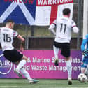 Callum Sandilands fires Montrose 1-0 up at Stenhousemuir (Pics by Michael Gillen)