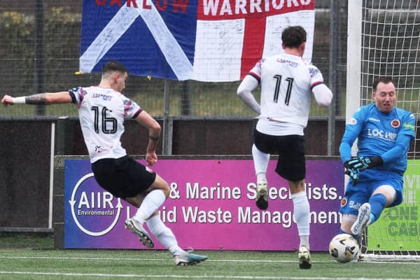 Callum Sandilands fires Montrose 1-0 up at Stenhousemuir (Pics by Michael Gillen)