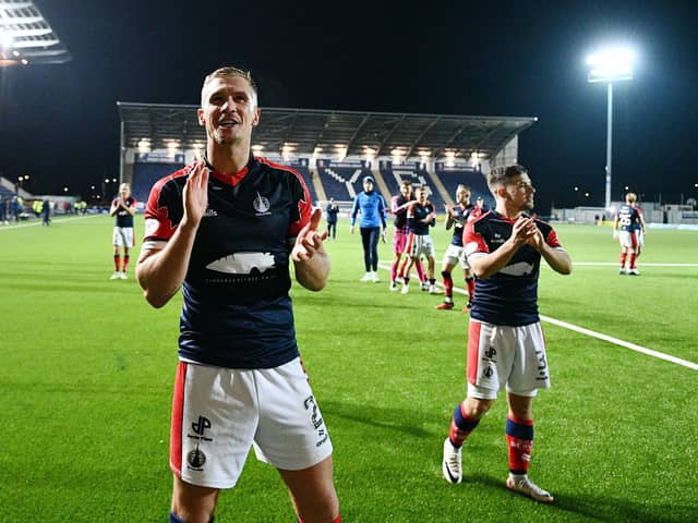 Tom Lang celebrates after Falkirk's 4-2 win over Dundee United (Photo: Michael Gillen)