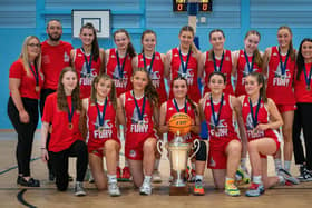 Falkirk Fury’s under-16 cadette women pose with their SBC trophy after securing the league title against Boroughmuir Blaze (Photo: Submitted)