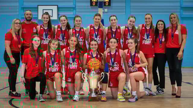 Falkirk Fury’s under-16 cadette women pose with their SBC trophy after securing the league title against Boroughmuir Blaze (Photo: Submitted)