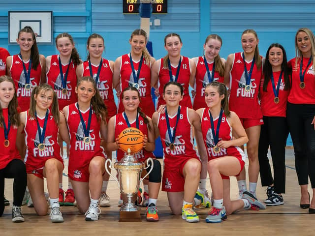 Falkirk Fury’s under-16 cadette women pose with their SBC trophy after securing the league title against Boroughmuir Blaze (Photo: Submitted)