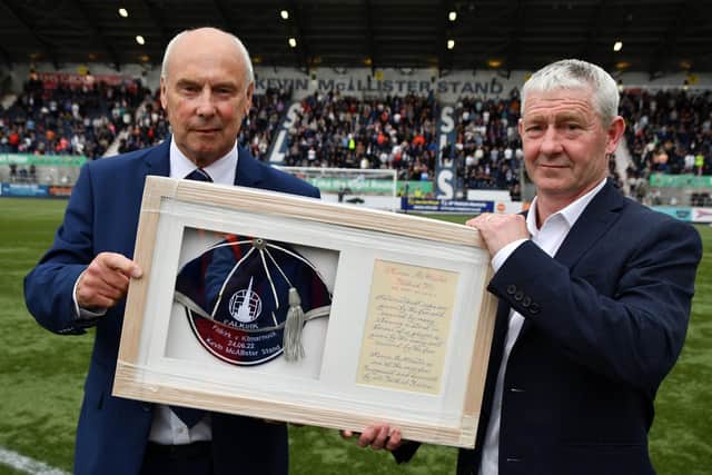 Club legend Alex Totten was on hand to present Kevin McAllister a gift as the South Stand was renamed in his honour