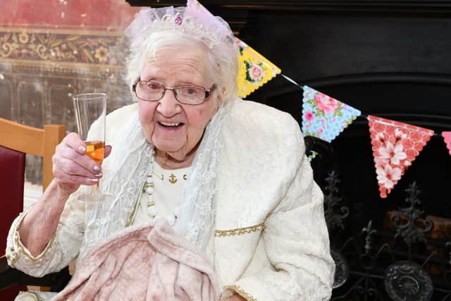 Mary McCabe celebrates her 103rd birthday in style. Pic: Michael Gillen