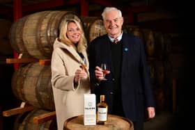 Fiona and George Stewart raise a glass to the first bottled release of Falkirk Distillery's whisky which sold out in little over 24 hours. Pic: Michael Gillen