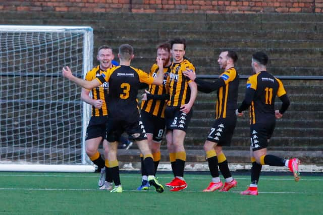 Berwick players celebrate Lewis Allan putting them 2-0 up