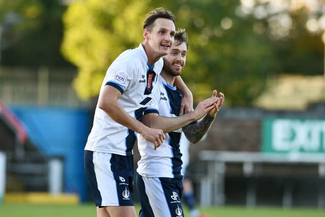 21-10-2023. Picture Michael Gillen. STIRLING. Forthbank Stadium. Stirling Albion v Falkirk FC. Season 2023 - 2024. Matchday 10. SPFL cinch League One. Liam Henderson 5 and Brad Spencer 8 at the end of the game.