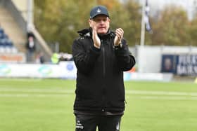 26-10-2024. Picture Michael Gillen. FALKIRK. Falkirk Stadium. Falkirk FC v Dunfermline Athletic FC. Season 2024 - 2025. SPFL William Hill Championship. Match Day 11. John McGlynn at then end of the game.