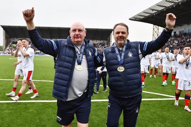 Falkirk management duo John McGlynn and Paul Smith celebrate on trophy day (Photo: Michael Gillen)