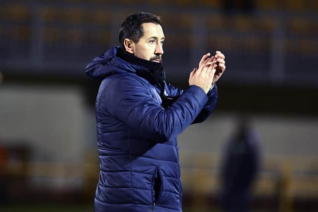 Falkirk head coach Martin Rennie applauds the Bairns support after the Alloa victory (Pictures by Michael Gillen)