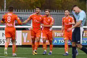 12-11-2022. Picture Michael Gillen. STENHOUSEMUIR. Ochilview Park. Syngenta v Edinburgh Utd. EOS Second Division. Third goal Syngenta, Liam Taggart.