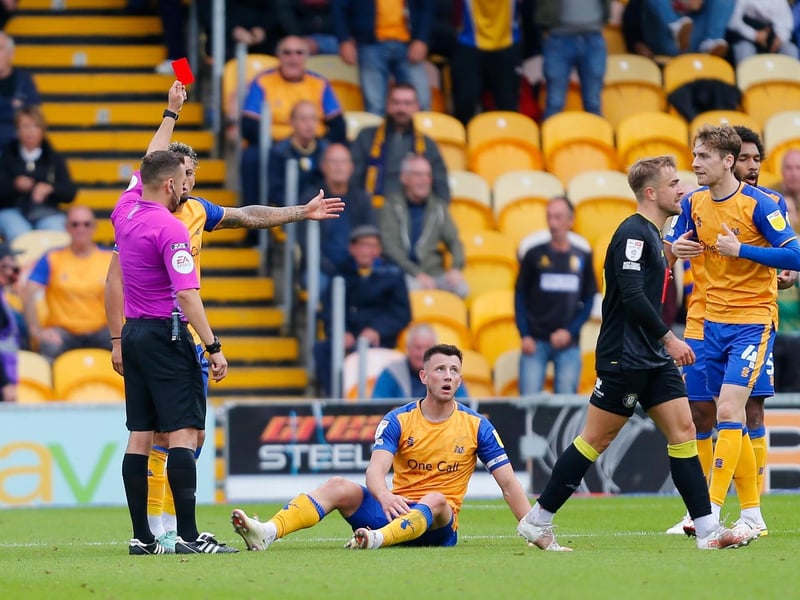 Ollie Clarke receives a red card from Referee Paul Howard.