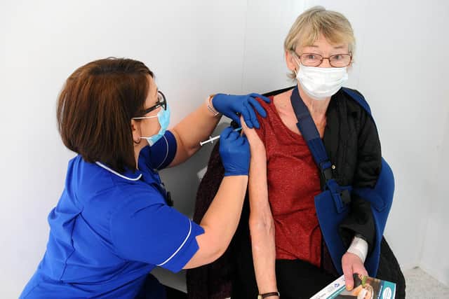 Forth Valley College Falkirk campus being used as a coronavirus vaccination centre - Susan Davis, Practice Nurse Meeks Road Surgery and Maureen MacDonald, 72, from Maddiston. (Pic: Michael Gillen)
