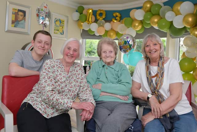 Bessie Scobbie was joined by daughter Liz Berry (right), best friend Sandra Learmonth and Sandra's grandson Morgan Stewart for a special birthday tea party.