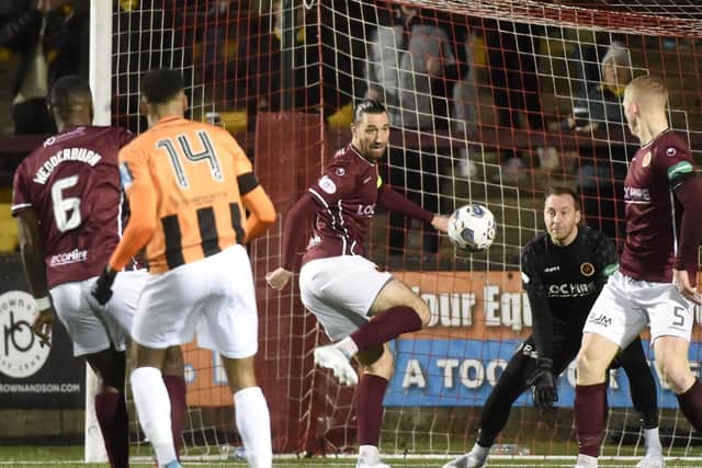 Stenhousemuir captain Gregor Buchanan clears an East Fife cross during the second half of his side’s 2-1 League 2 win (Pictures: Alan Murray)
