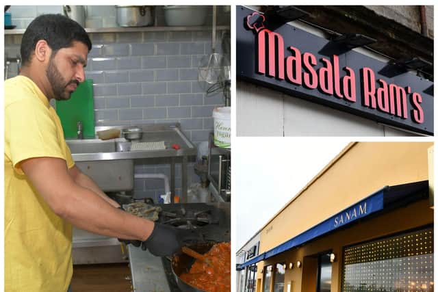 Three Falkirk businesses have been shortlisted in the Asian Restaurant Awards (Scotland) 2023.  Clockwise from top right: Masala Ram's, Bainsford; Sanam Tandoori, Falkirk and Indian Cottage, Bonnybridge.   (Pics: Michael Gillen)