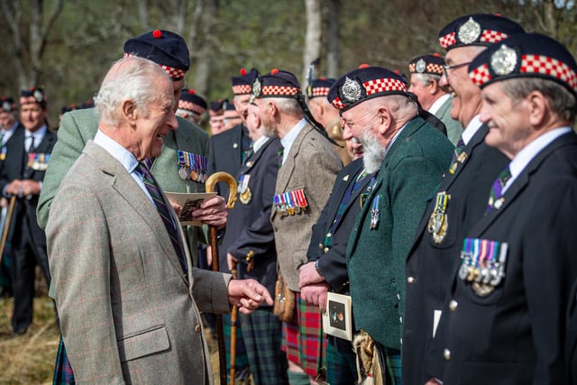 Plenty to smile about as HM The King meets local Argyll veterans, left to right, Tony McVicar, Donald MacCallum, Walter Stirling and Walter Logan.